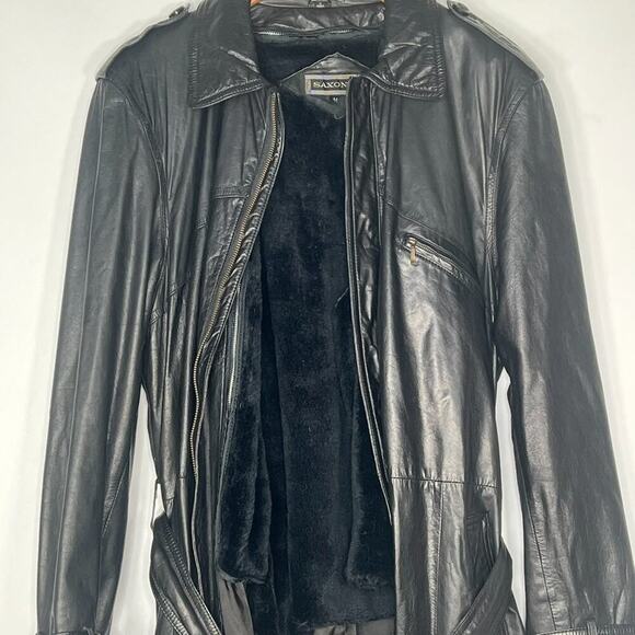 Vintage 90s Saxony Black Leather Oversized Belted Mid Trench Coat Jacket Women - Picture 8 of 16